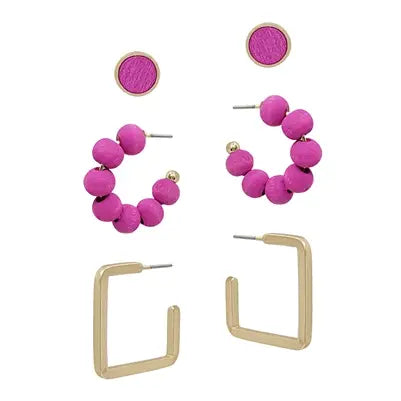 Set of Three Wooden Stud, Huggie Hoop and Gold Earring-Earrings-What's Hot-Three Birdies Boutique, Women's Fashion Boutique Located in Kearney, MO
