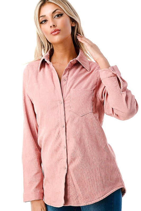 Corduroy Button Down Shirt-Sweater-Luna-Three Birdies Boutique, Women's Fashion Boutique Located in Kearney, MO