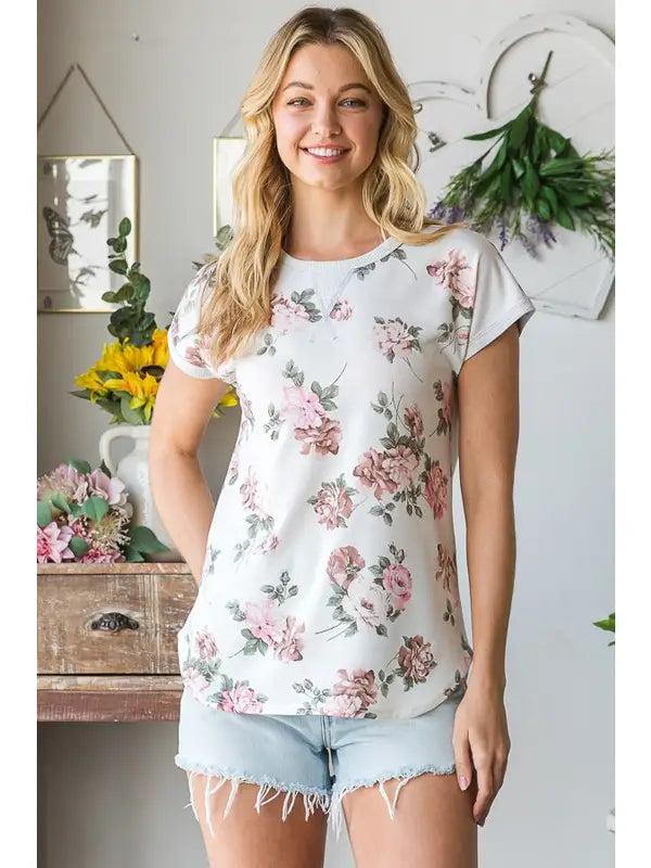 Ivory, Pink, & Sage Floral Top-Shirts & Tops-Heimish-Three Birdies Boutique, Women's Fashion Boutique Located in Kearney, MO