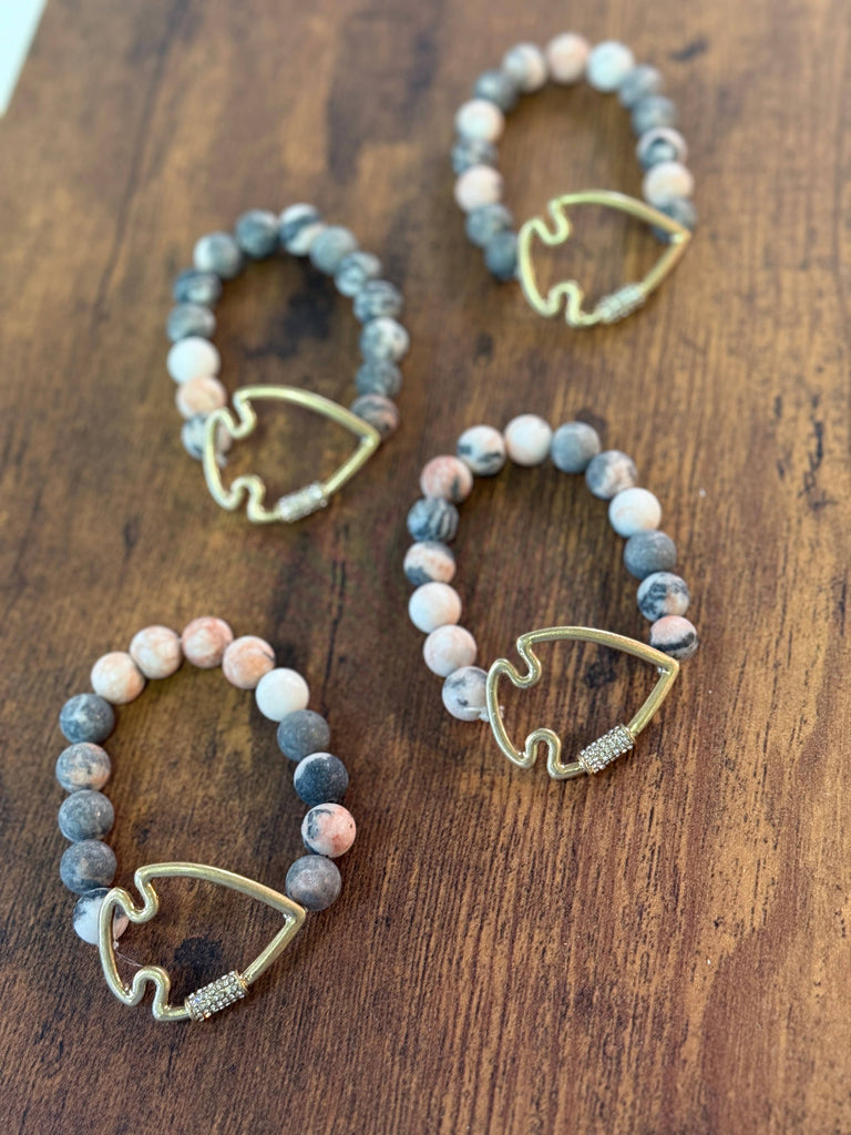 NEW! Bling Arrowhead Chunky Stone Stretch Bracelet: Pink Zebra Jasper-Paco Designs-Three Birdies Boutique, Women's Fashion Boutique Located in Kearney, MO