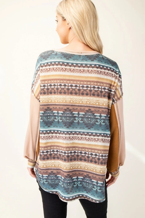 Color Block Aztec Print Top-Shirts & Tops-Celeste Clothing-Three Birdies Boutique, Women's Fashion Boutique Located in Kearney, MO