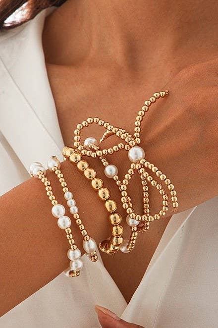 Bow Pearl Bracelet Stack-JOSSLYN by wall to wall-Three Birdies Boutique, Women's Fashion Boutique Located in Kearney, MO