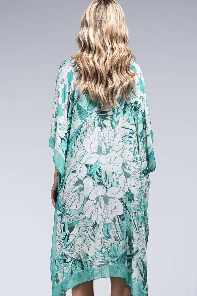 Sharon Flower Print Kimono: White Teal / OS-Urbanista-Three Birdies Boutique, Women's Fashion Boutique Located in Kearney, MO