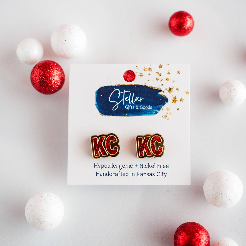 Red Glitter & Gold Mirror KC Studs Kansas City Football-Earrings-Stellar Gifts & Goods Wholesale-Three Birdies Boutique, Women's Fashion Boutique Located in Kearney, MO