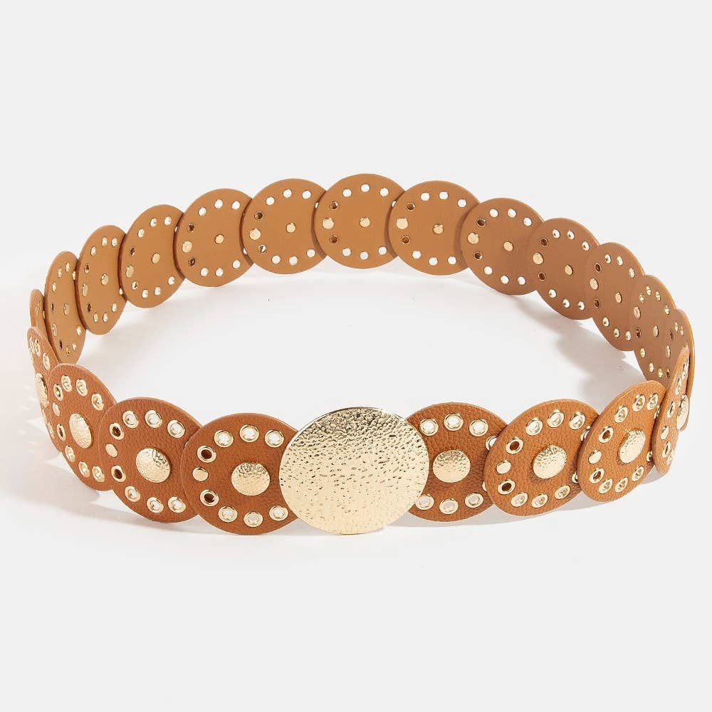 Hammered Disc Accent Faux Leather Panel Link Belt: BR { product_type }}