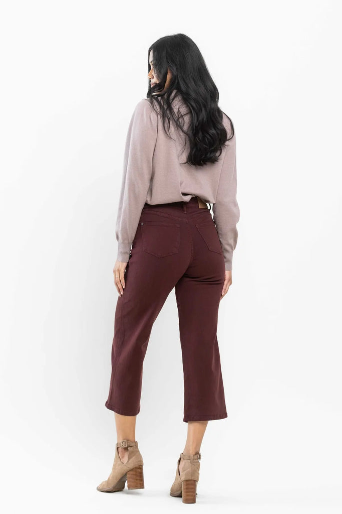 Judy Blue Cropped Wide Leg in Oxblood-Denim-Judy Blue-Three Birdies Boutique, Women's Fashion Boutique Located in Kearney, MO