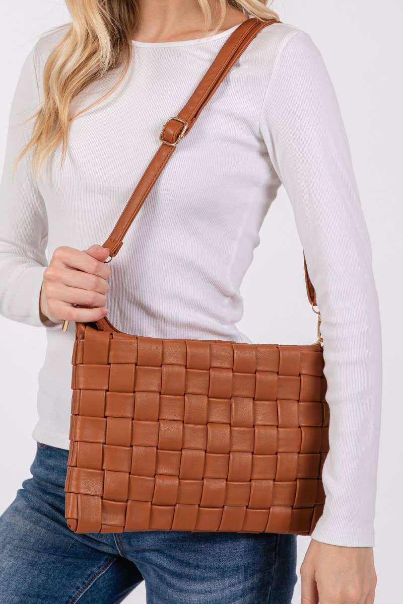 Faux Leather Basket Weave Hand Bag: BR { product_type }}
