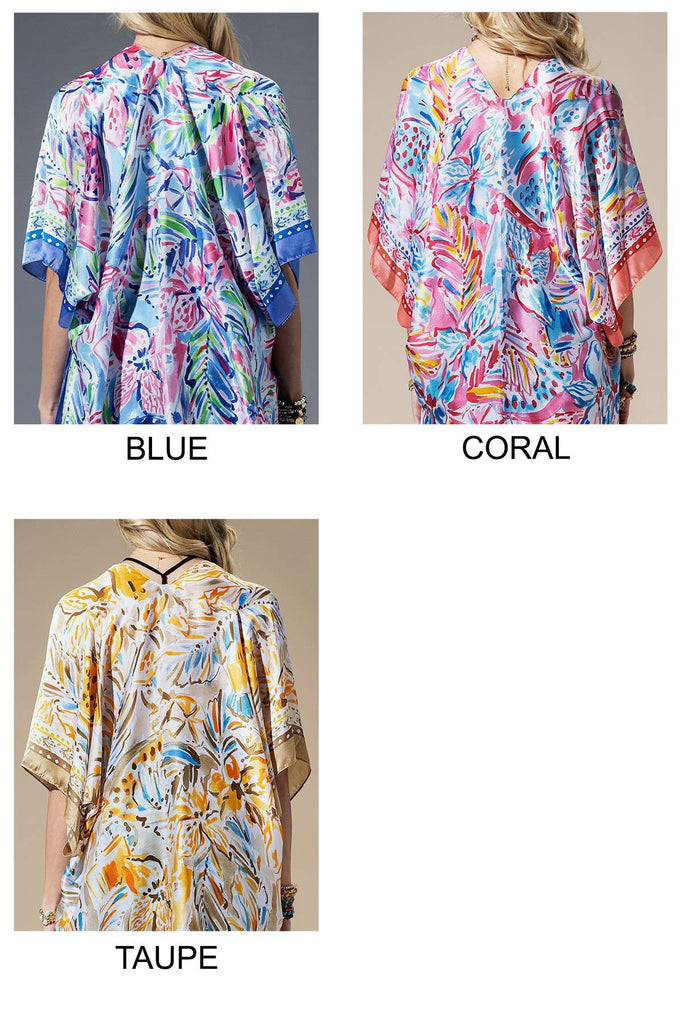 Coral Flowing Silky Feel Kimono with Flower Print-Urbanista-Three Birdies Boutique, Women's Fashion Boutique Located in Kearney, MO