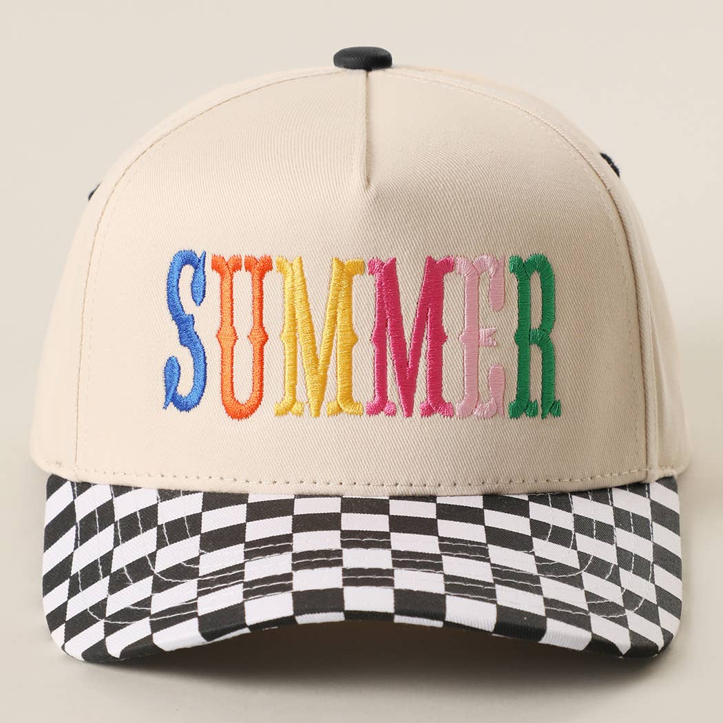 SUMMER Embroidered Checkered Brim Trucker Hat: BLUE / ONE SIZE { product_type }}