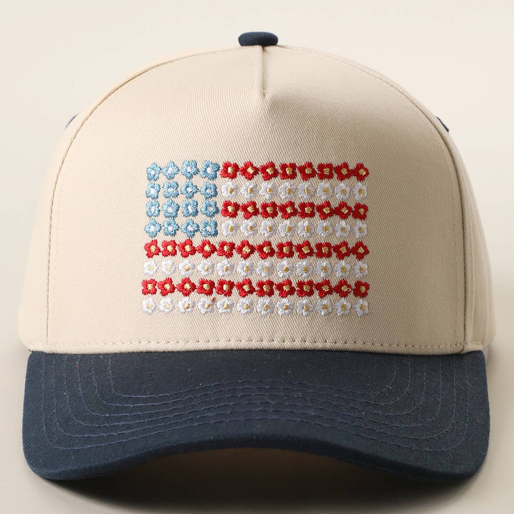 Floral American Flag Embroidered Two-Tone Denim Trucker Hat: LT DENIM / ONE SIZE { product_type }}
