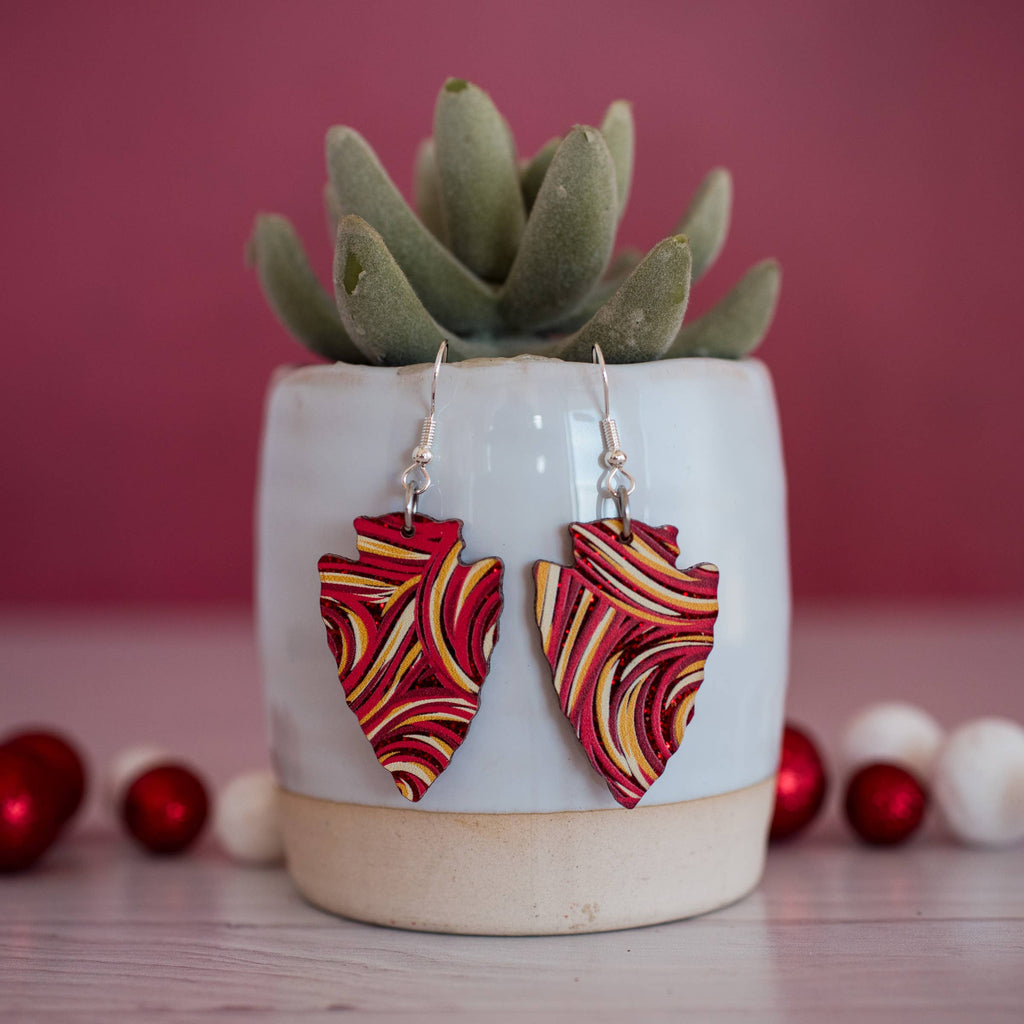 KC Football - Medium Glitter Swirl Arrowhead Dangles Red Gol-Jewelry-Stellar Gifts & Goods Wholesale-Three Birdies Boutique, Women's Fashion Boutique Located in Kearney, MO