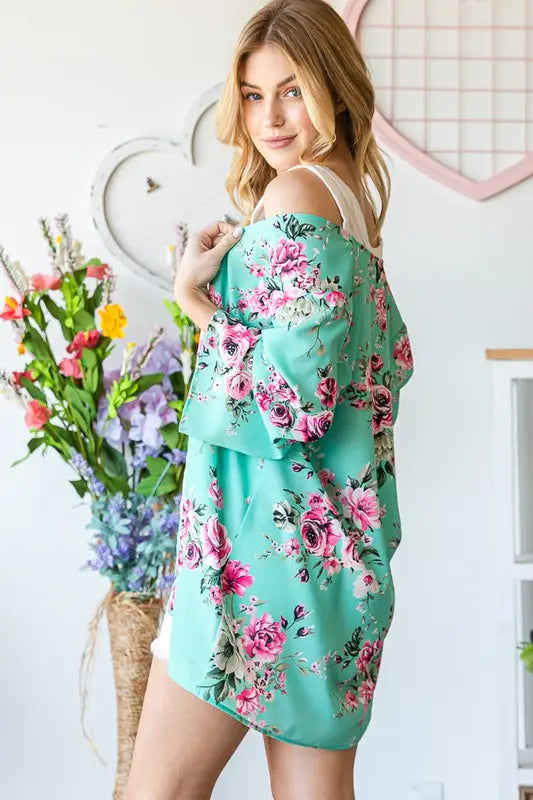 Mint & Fuchsia Floral Kimono-Shirts & Tops-Heimish-Three Birdies Boutique, Women's Fashion Boutique Located in Kearney, MO