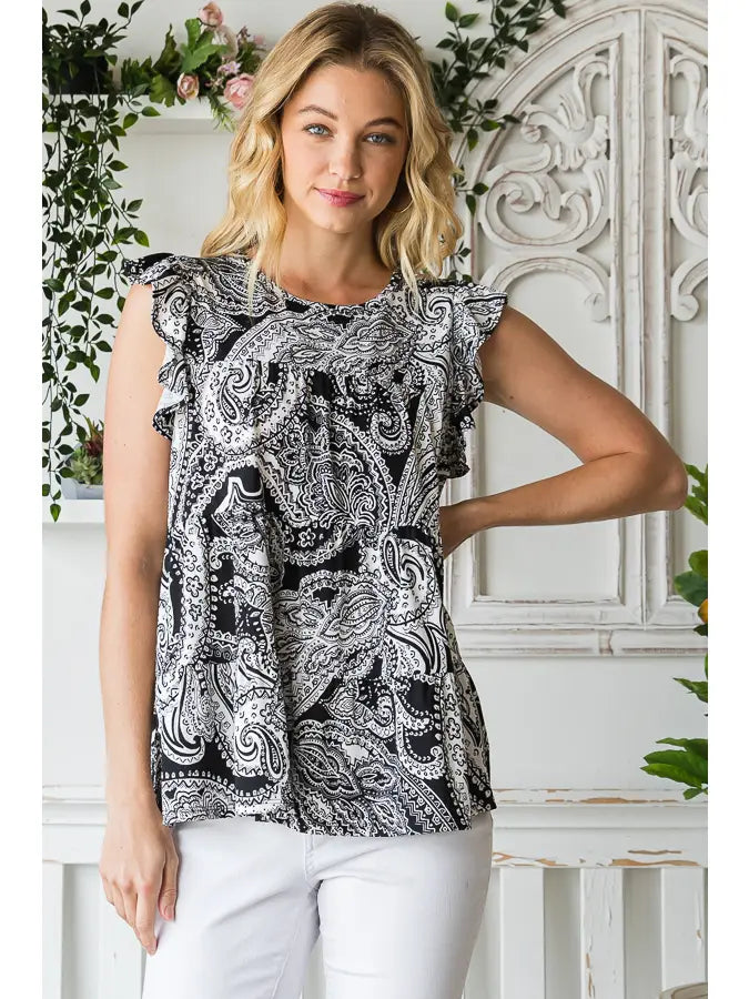 Black & White Paisley Top-Shirts & Tops-Heimish-Three Birdies Boutique, Women's Fashion Boutique Located in Kearney, MO