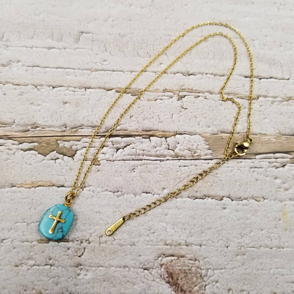 Natural Stone Cross Necklace: Green-Treasure Wholesale-Three Birdies Boutique, Women's Fashion Boutique Located in Kearney, MO