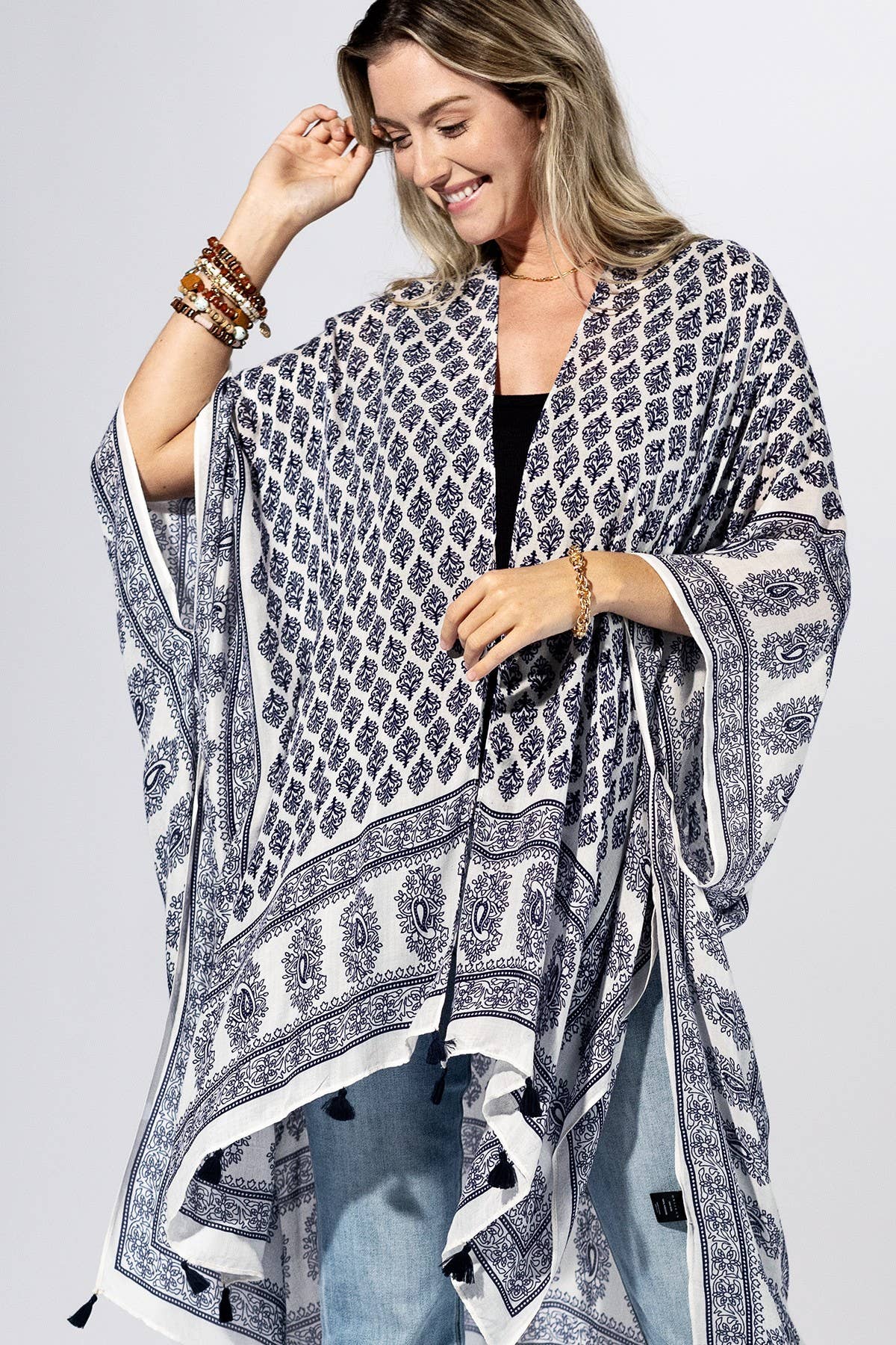 Indigo Mosaic Border Kimono { product_type }}