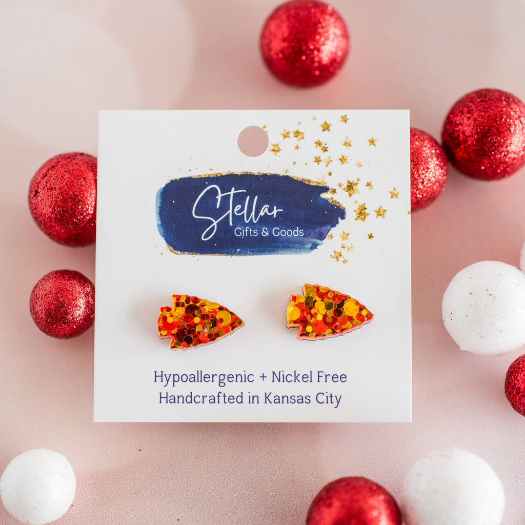 Red & Gold Confetti Arrowhead Studs Kansas City Football-Stellar Gifts & Goods Wholesale-Three Birdies Boutique, Women's Fashion Boutique Located in Kearney, MO