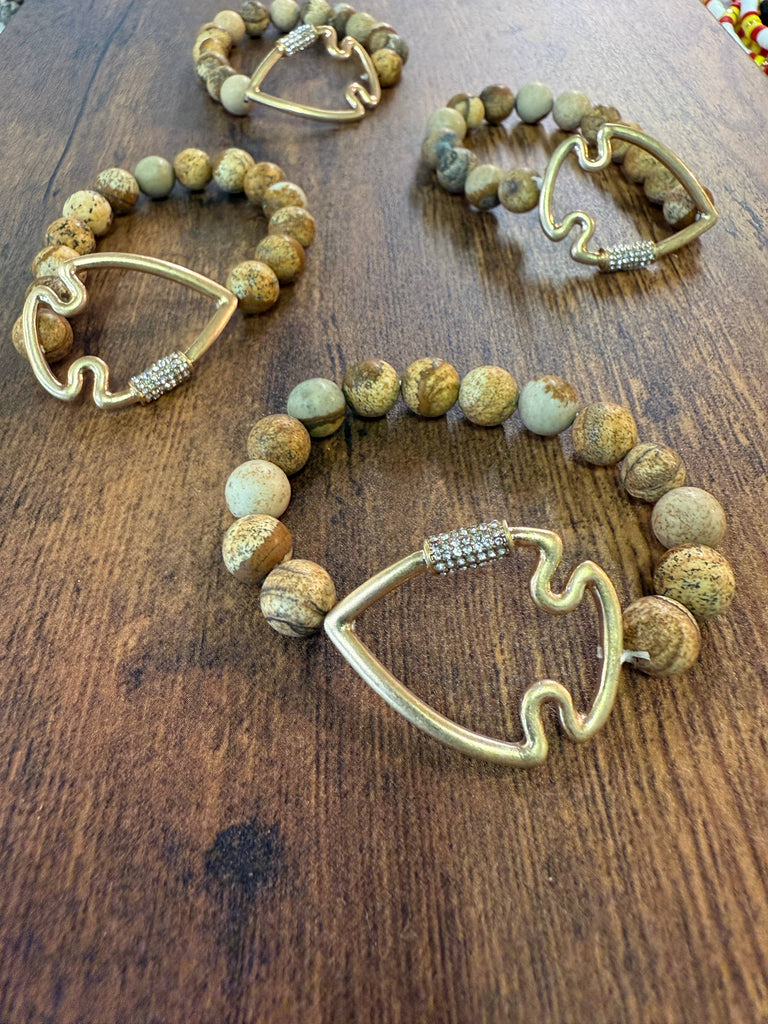 NEW! Bling Arrowhead Chunky Stone Stretch Bracelet: Pink Zebra Jasper-Paco Designs-Three Birdies Boutique, Women's Fashion Boutique Located in Kearney, MO