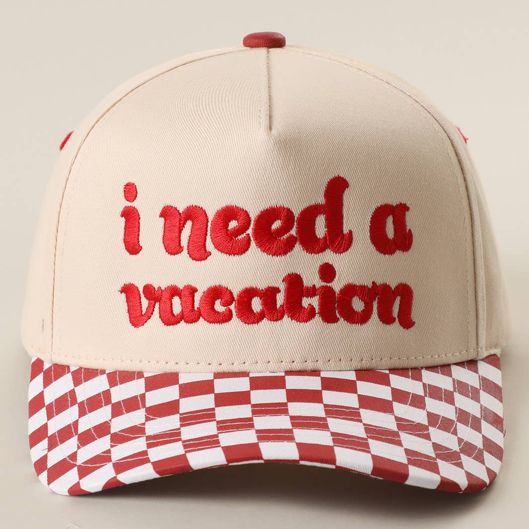 I Need A Vacation Embroidered Checkered Brim Trucker Hat: BLACK / ONE SIZE { product_type }}