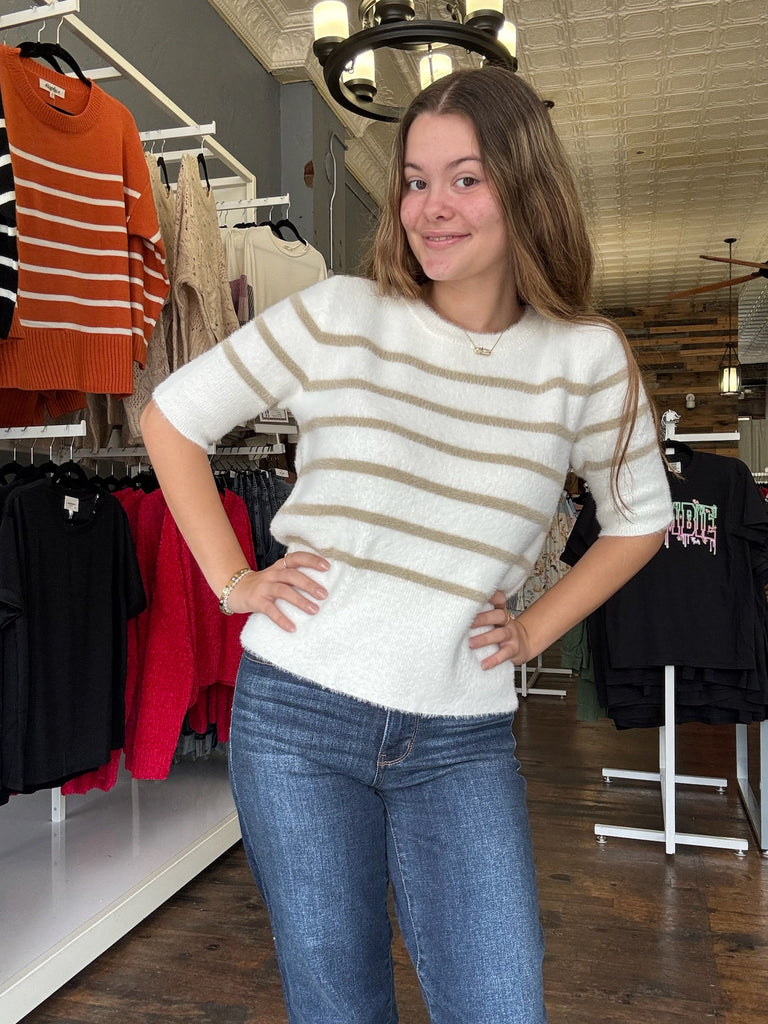 White Birch Short Sleeve Striped Knit Top-Shirts & Tops-White Birch-Three Birdies Boutique, Women's Fashion Boutique Located in Kearney, MO