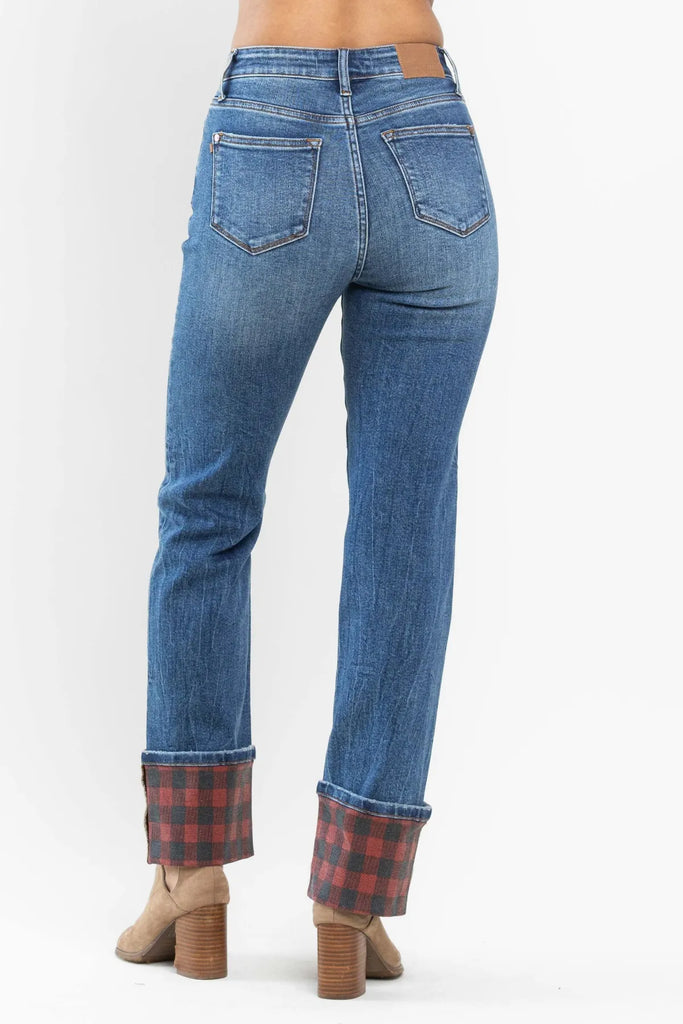 Judy Blue Buffalo Plaid Cuff Straight Leg-Denim-Judy Blue-Three Birdies Boutique, Women's Fashion Boutique Located in Kearney, MO