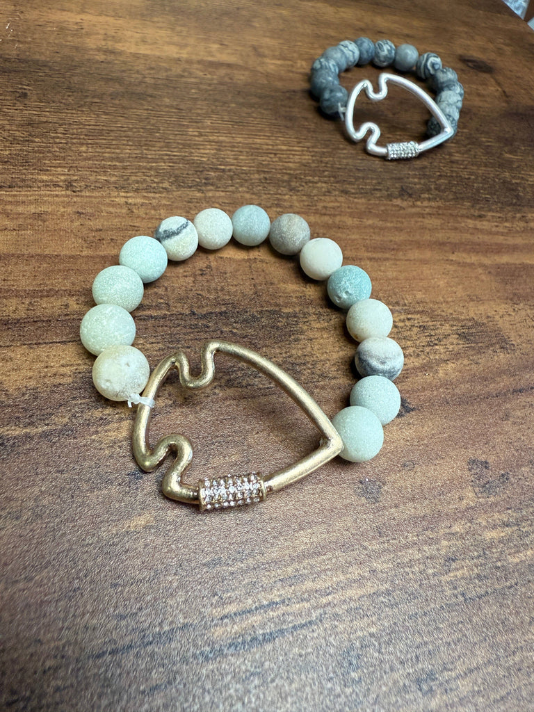NEW! Bling Arrowhead Chunky Stone Stretch Bracelet: Pink Zebra Jasper-Paco Designs-Three Birdies Boutique, Women's Fashion Boutique Located in Kearney, MO