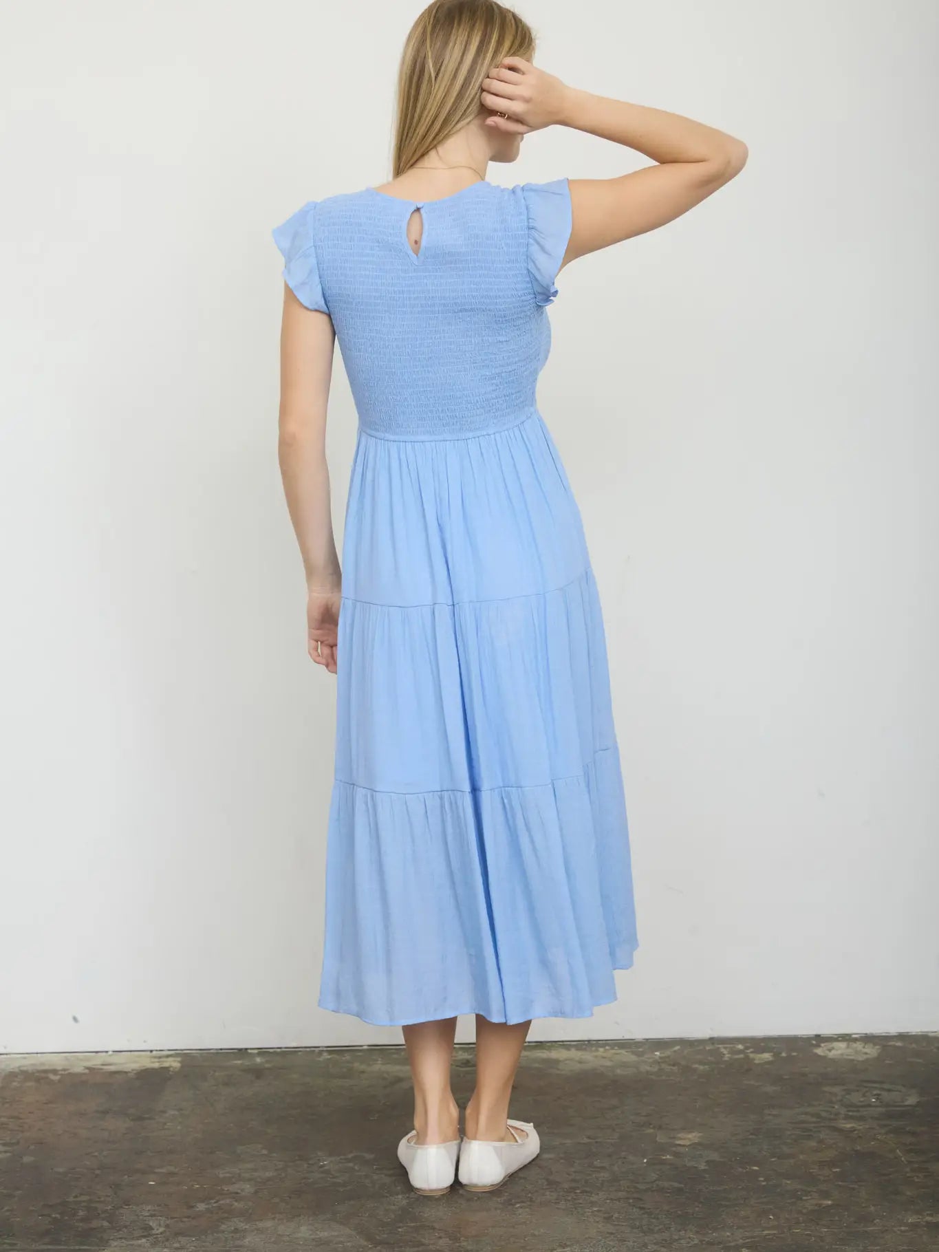 Tiered Smocked Short Sleeve Midi Dress { product_type }}