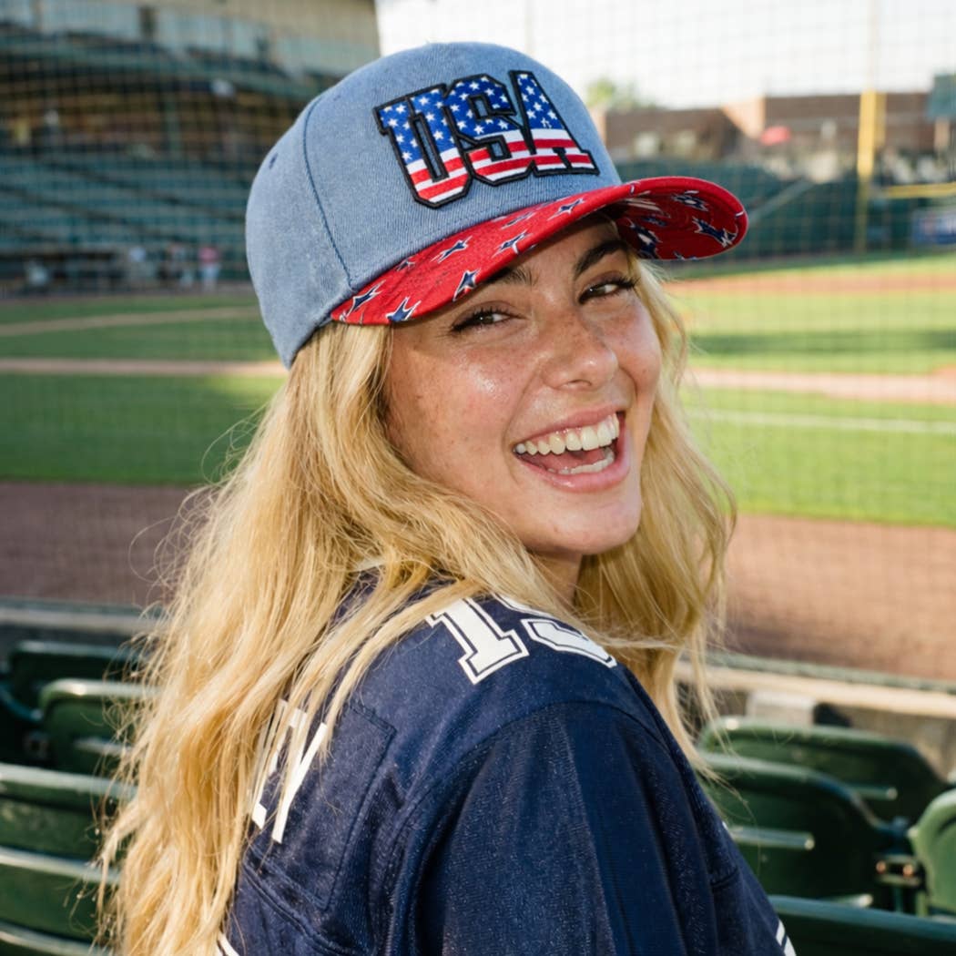 USA Embroidered Letter Patch Denim Trucker Hat: DENIM-RED / ONE SIZE { product_type }}