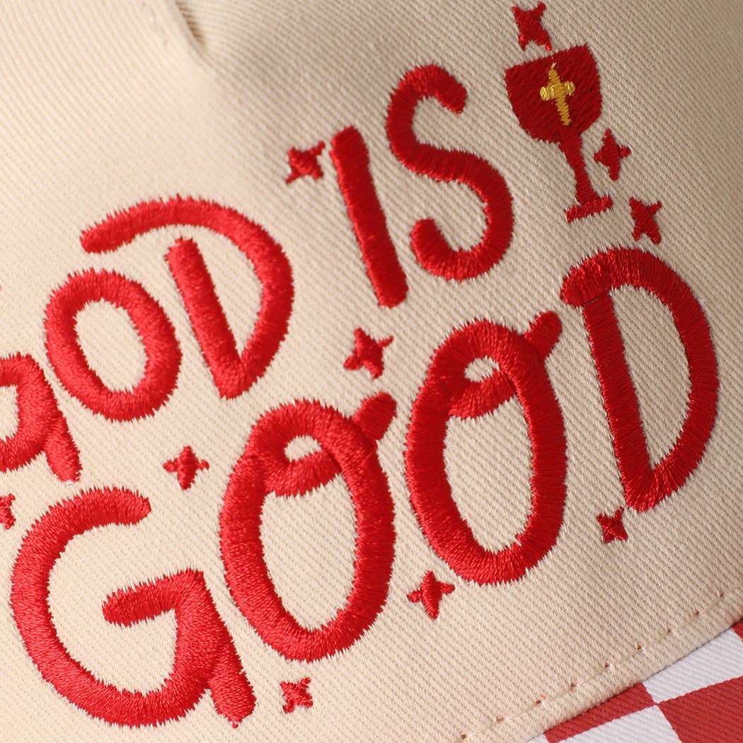 GOD IS GOOD Embroidered Checkered Brim Trucker Hat: RED / ONE SIZE { product_type }}