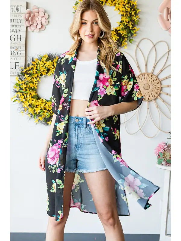 Multi Color Floral Print Kimono-Shirts & Tops-Heimish-Three Birdies Boutique, Women's Fashion Boutique Located in Kearney, MO