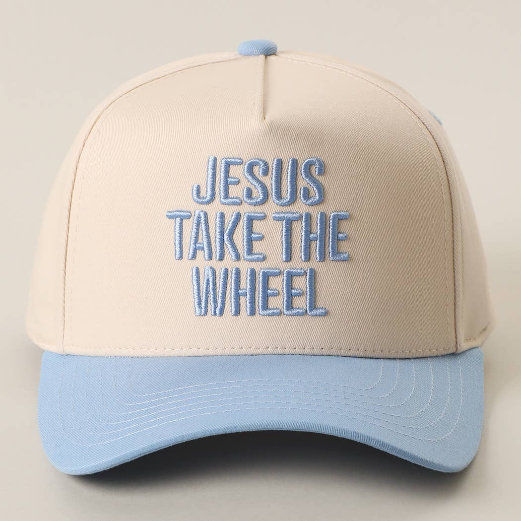 JESUS TAKE THE WHEEL 3D Embroidered Two-Tone Trucker Hat - Sky Blue { product_type }}