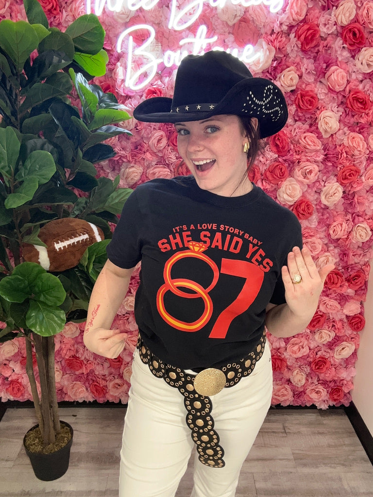 She said YES Black Tee-Graphic Tees-Tres Birdos Graphic Tees-Three Birdies Boutique, Women's Fashion Boutique Located in Kearney, MO