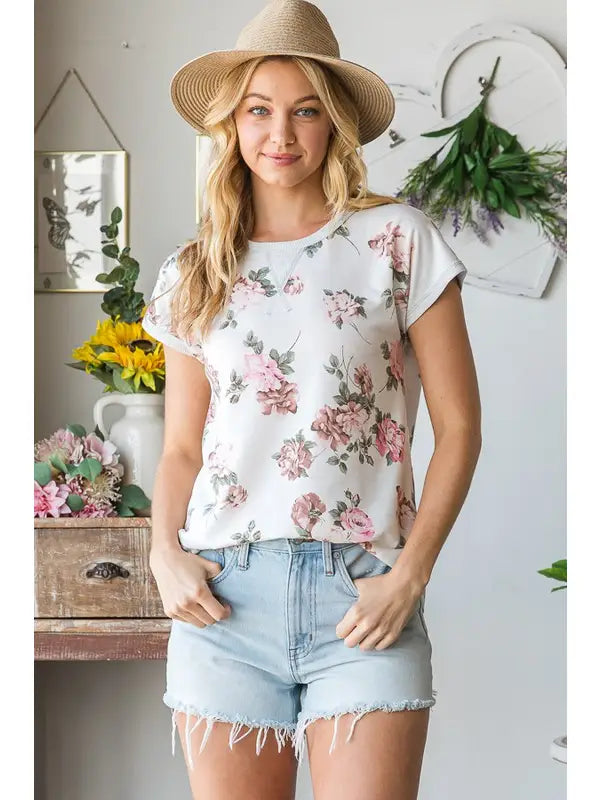 Ivory, Pink, & Sage Floral Top-Shirts & Tops-Heimish-Three Birdies Boutique, Women's Fashion Boutique Located in Kearney, MO