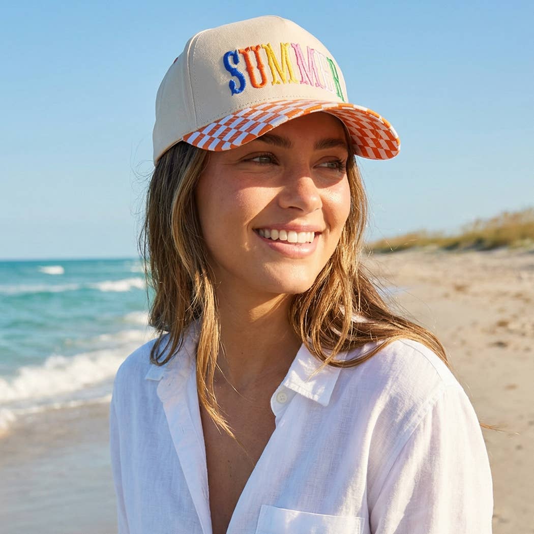 SUMMER Embroidered Checkered Brim Trucker Hat: BLUE / ONE SIZE { product_type }}