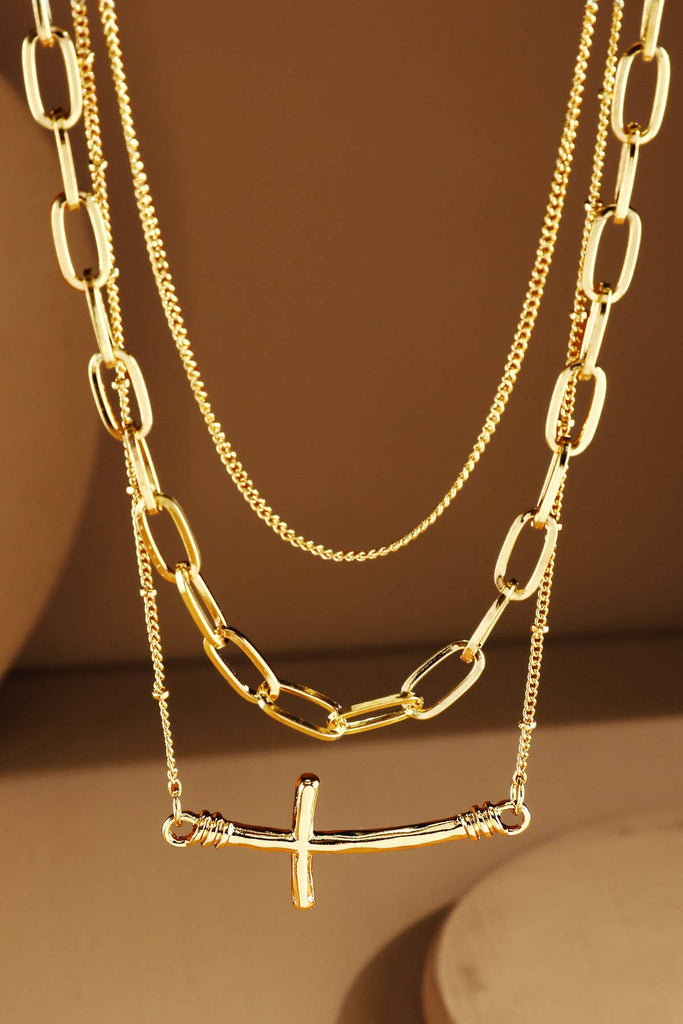 Gold Triple Layer Chain Necklace with Cross-Urbanista-Three Birdies Boutique, Women's Fashion Boutique Located in Kearney, MO