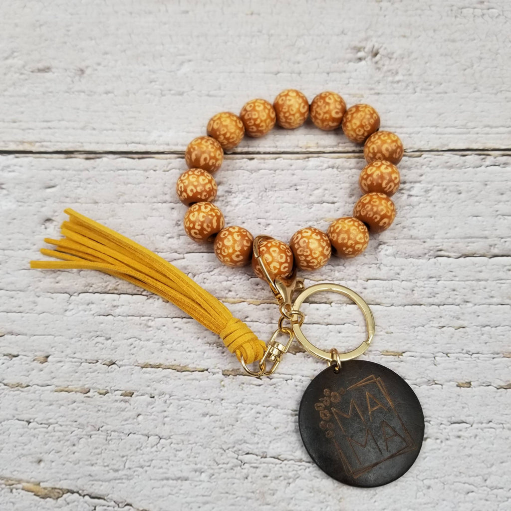 MAMA Leopard Wood Bead Bracelet Keychain: Red-Treasure Wholesale-Three Birdies Boutique, Women's Fashion Boutique Located in Kearney, MO