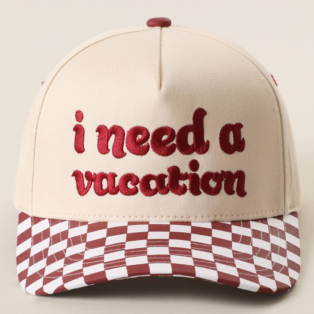 I Need A Vacation Embroidered Checkered Brim Trucker Hat: BLACK / ONE SIZE { product_type }}