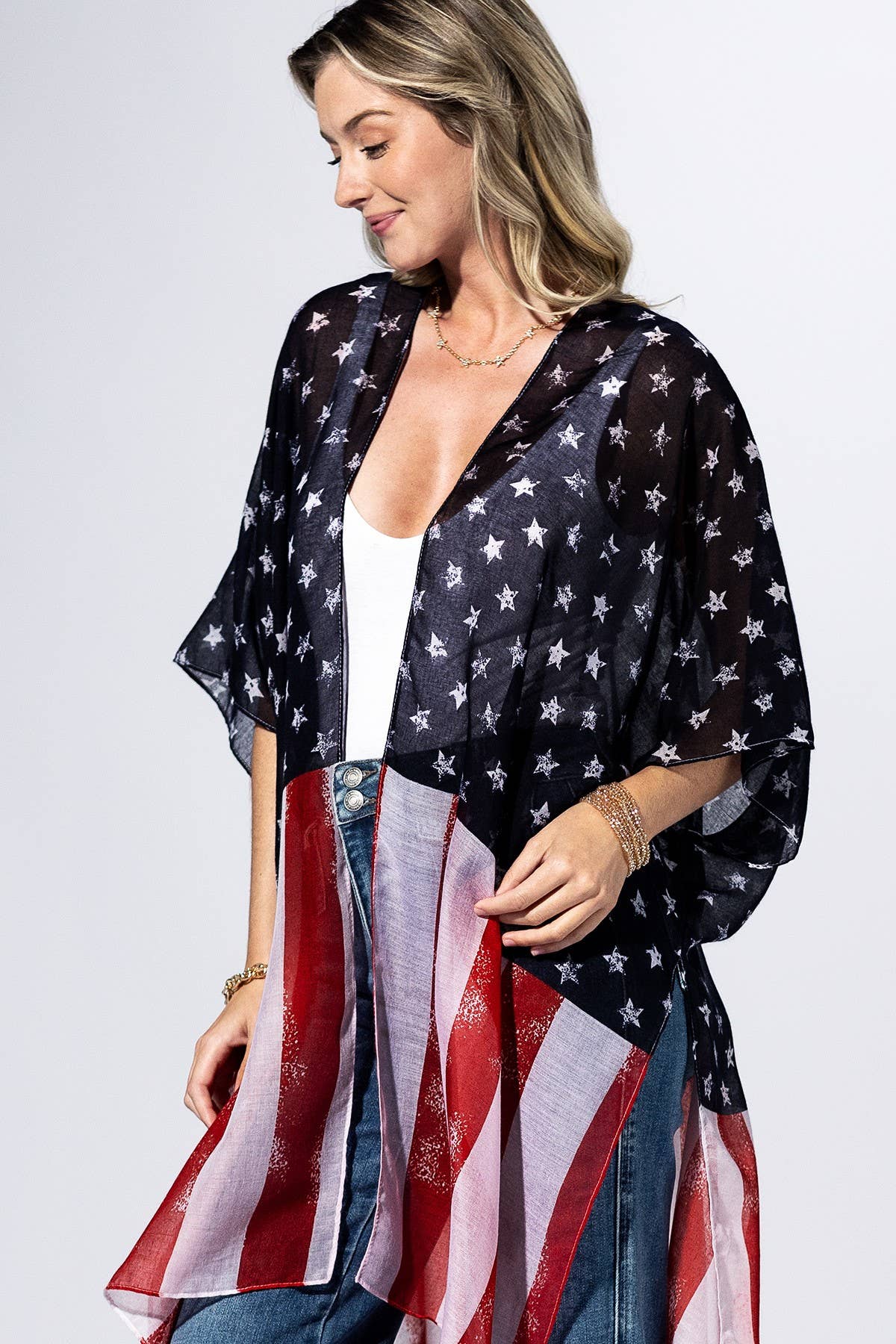 Navy Flag Stars & Stripes Kimono: NAVY FLAG-Urbanista-Three Birdies Boutique, Women's Fashion Boutique Located in Kearney, MO