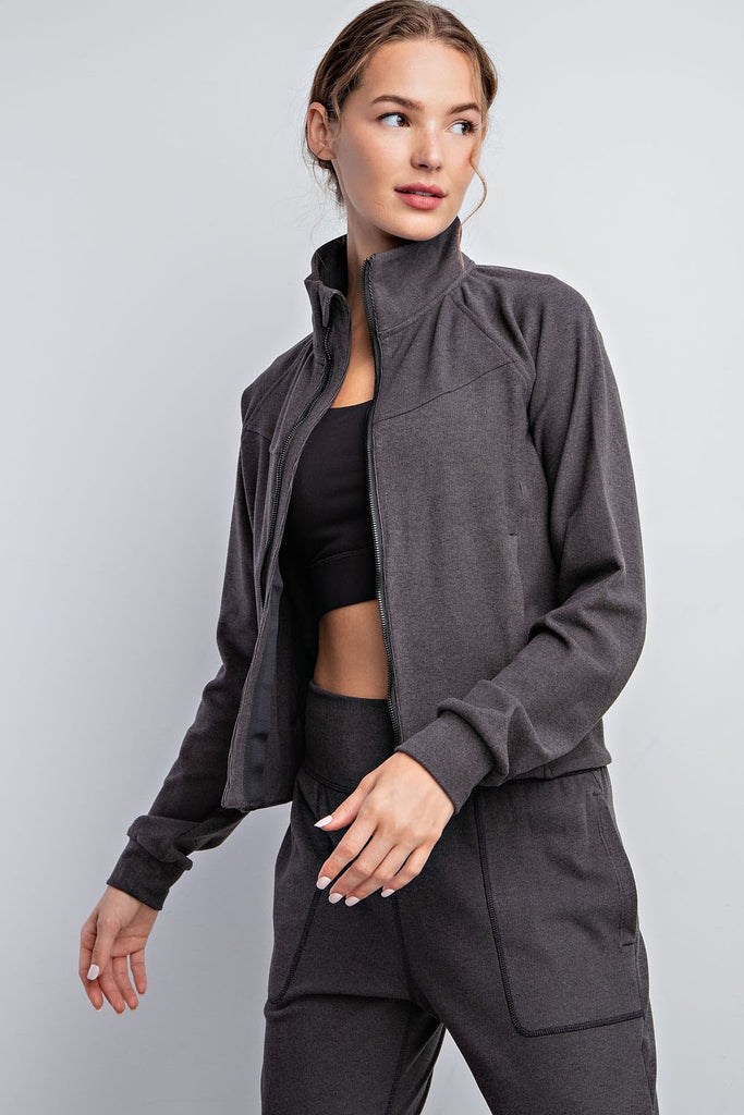 Rib Brushed Crop Length Jacket-Top-Rae Mode-Three Birdies Boutique, Women's Fashion Boutique Located in Kearney, MO