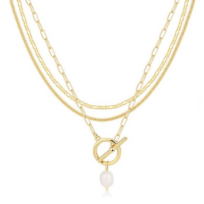 Layered Gold Necklace with Pearl Pendant { product_type }}