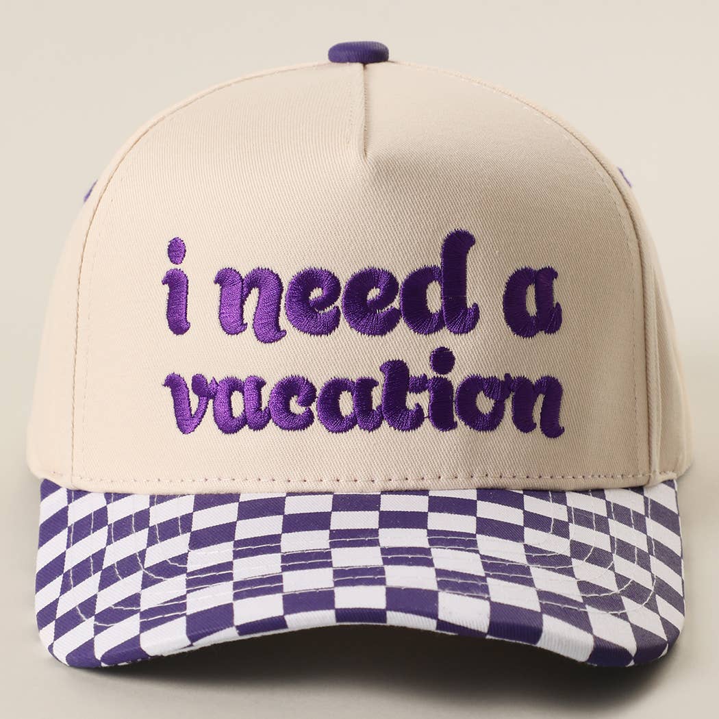 I Need A Vacation Embroidered Checkered Brim Trucker Hat: BLACK / ONE SIZE { product_type }}