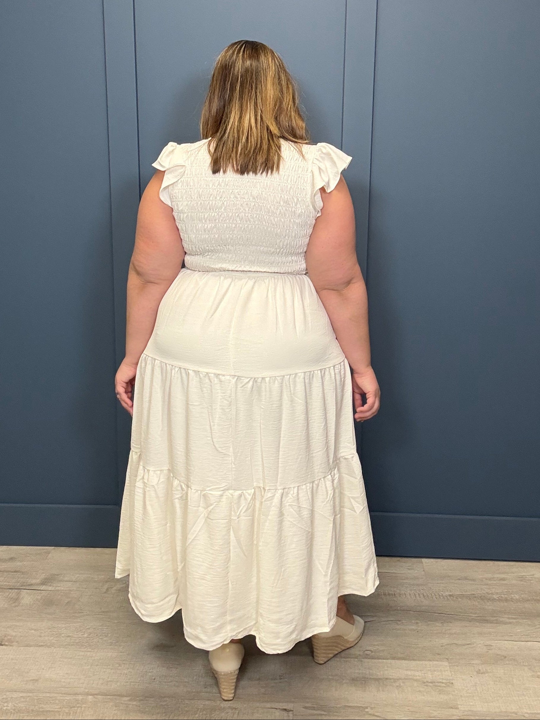 Tiered V-Neck Smocked Short Sleeve Midi Dress { product_type }}