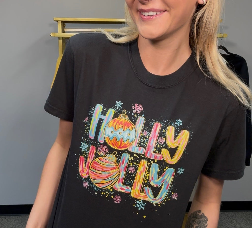 Holly Jolly Tee Black-Graphic Tees-Tres Birdos Graphic Tees-Three Birdies Boutique, Women's Fashion Boutique Located in Kearney, MO