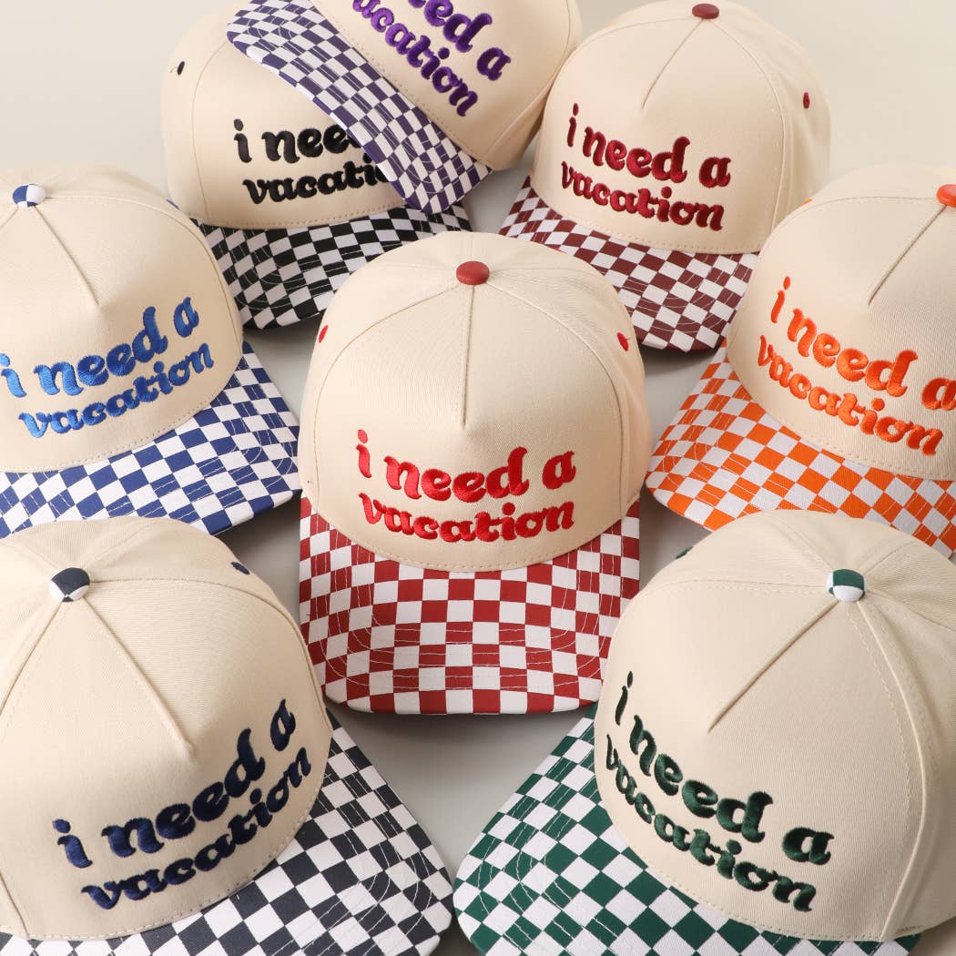 I Need A Vacation Embroidered Checkered Brim Trucker Hat: BLACK / ONE SIZE { product_type }}