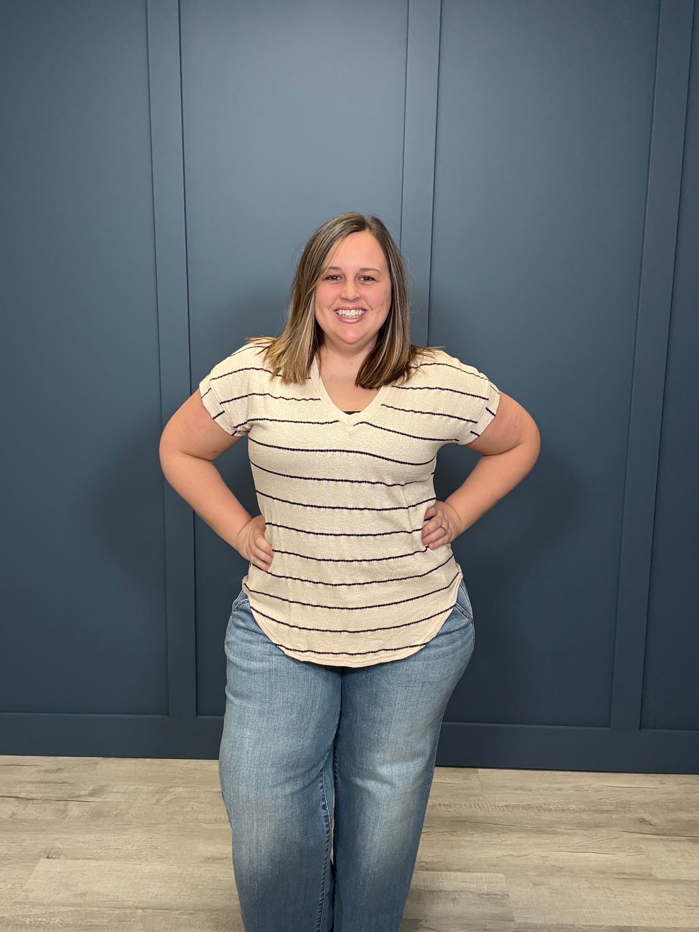 Stripe Cuffed Short Sleeve Top { product_type }}