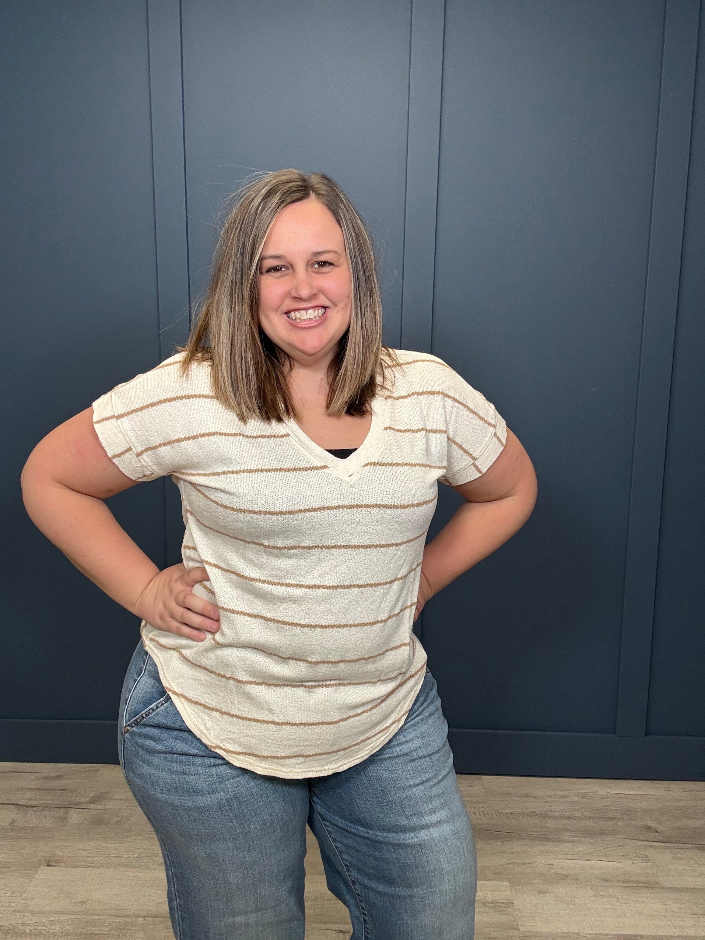 Stripe Cuffed Short Sleeve Top { product_type }}