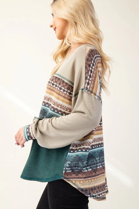 Color Block Aztec Print Top-Shirts & Tops-Celeste Clothing-Three Birdies Boutique, Women's Fashion Boutique Located in Kearney, MO