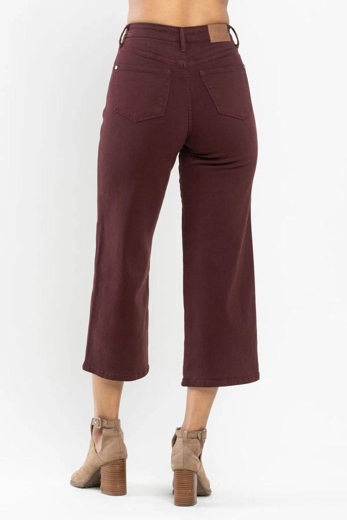 Judy Blue Cropped Wide Leg in Oxblood-Denim-Judy Blue-Three Birdies Boutique, Women's Fashion Boutique Located in Kearney, MO