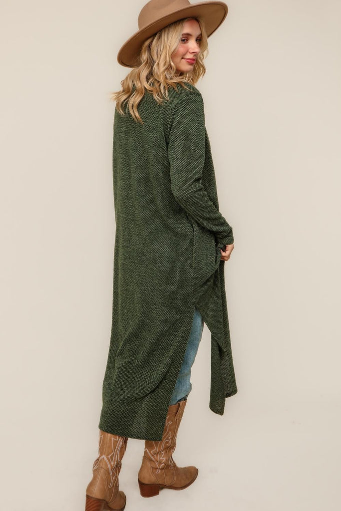 Two Tone Open Duster Cardigan W/ Side Slits Olive-Sweaters-Haptics-Three Birdies Boutique, Women's Fashion Boutique Located in Kearney, MO