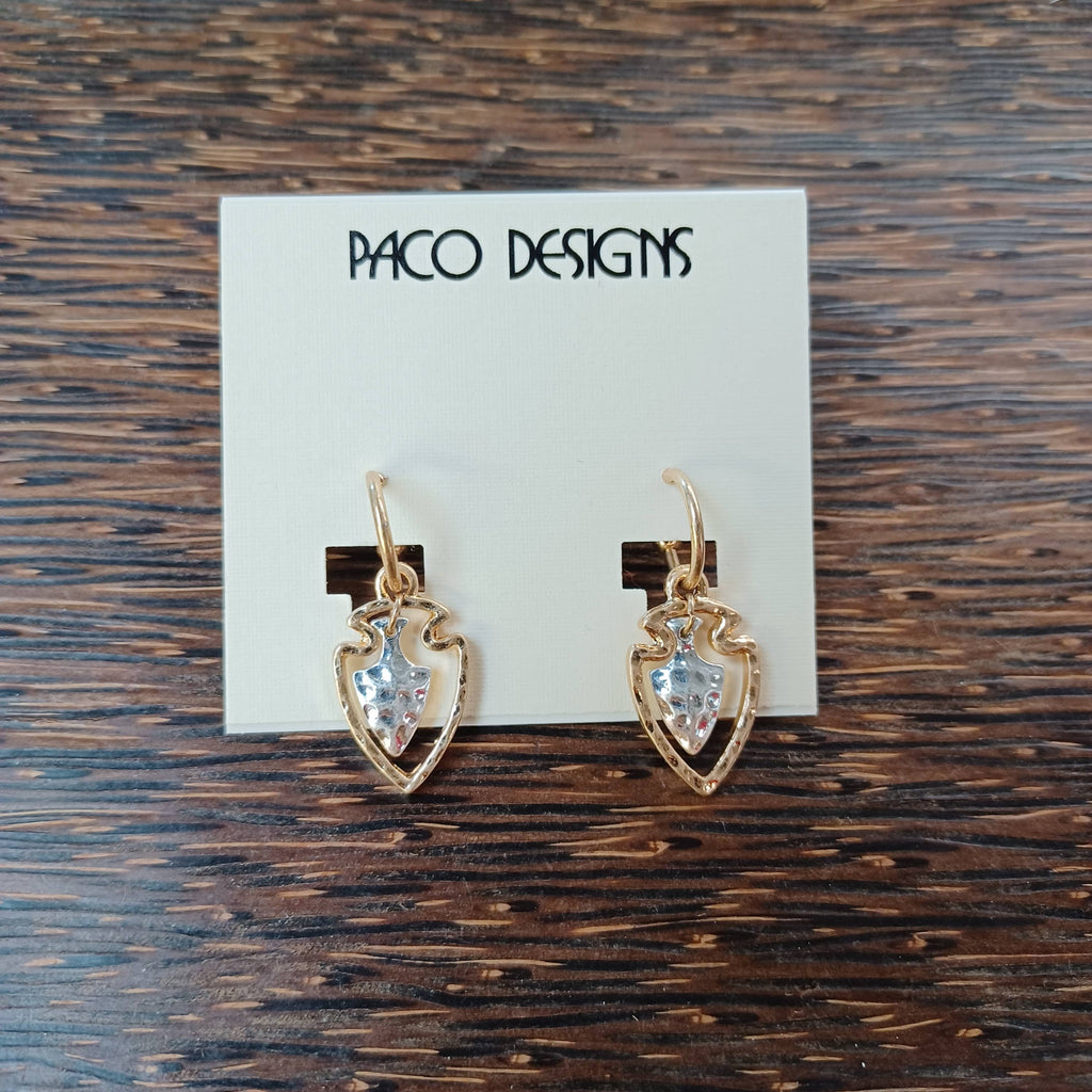 Dainty Hammered Two Tone Arrowhead Hoop Earrings: Yellow Gold-Paco Designs-Three Birdies Boutique, Women's Fashion Boutique Located in Kearney, MO