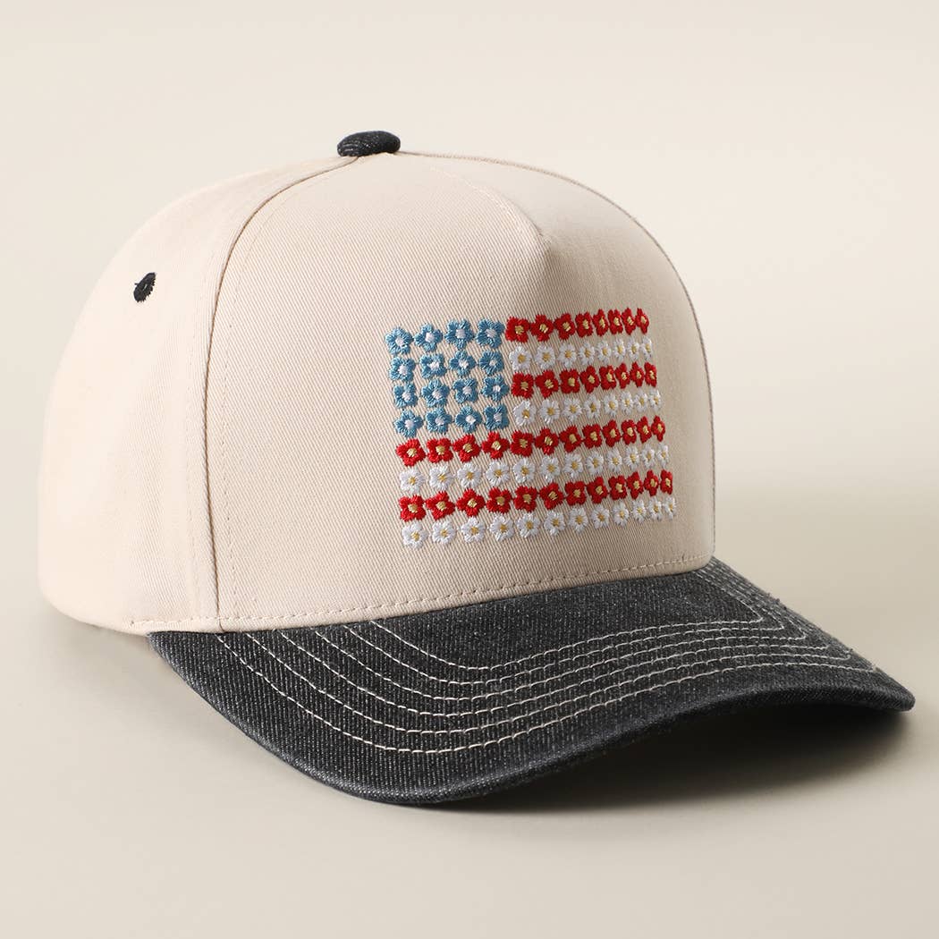 Floral American Flag Embroidered Two-Tone Denim Trucker Hat: LT DENIM / ONE SIZE { product_type }}